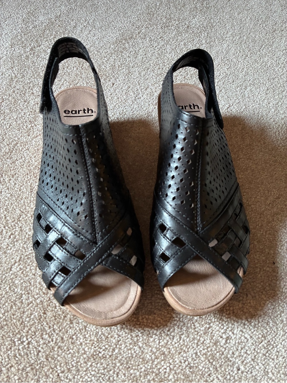 Earth Black Perforated & Woven Leather Slingback Sandals